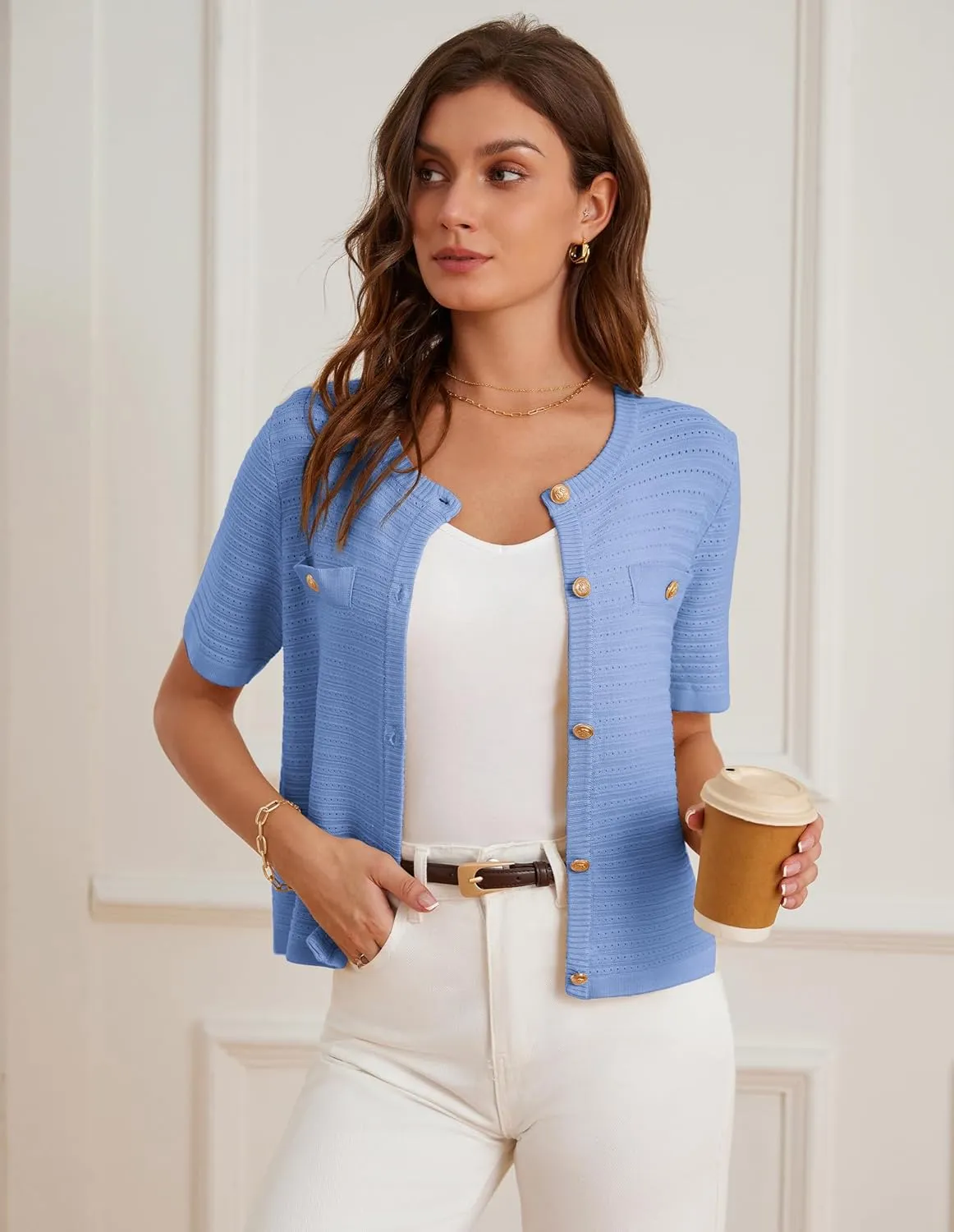 GRACE KARIN Womens Cardigan Sweaters 2025 Summer Open Front Button Down Short Sleeve Textured Knitted Sweater Tops Outfit