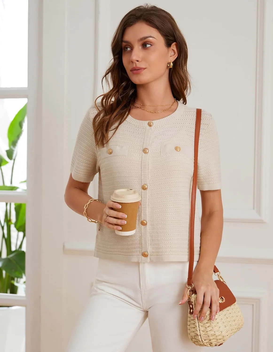 GRACE KARIN Womens Cardigan Sweaters 2025 Summer Open Front Button Down Short Sleeve Textured Knitted Sweater Tops Outfit