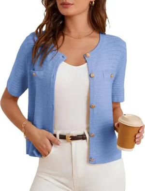 GRACE KARIN Womens Cardigan Sweaters 2025 Summer Open Front Button Down Short Sleeve Textured Knitted Sweater Tops Outfit