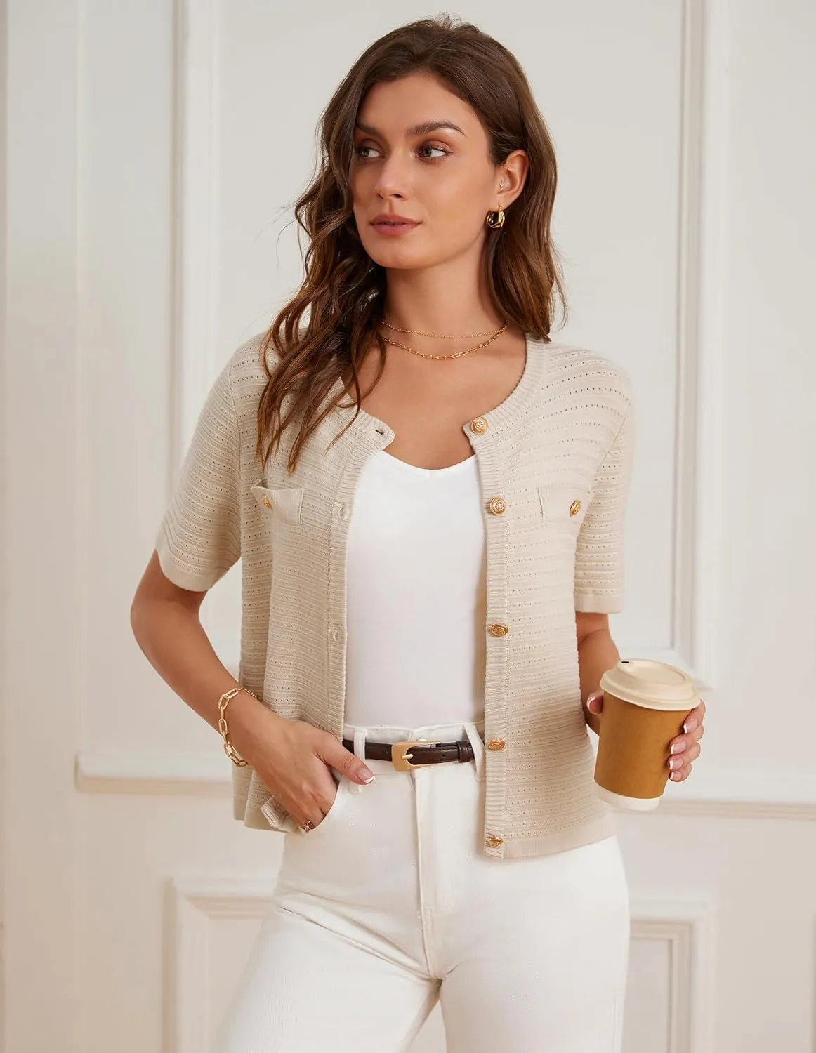 GRACE KARIN Womens Cardigan Sweaters 2025 Summer Open Front Button Down Short Sleeve Textured Knitted Sweater Tops Outfit
