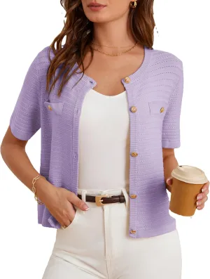 GRACE KARIN Womens Cardigan Sweaters 2025 Summer Open Front Button Down Short Sleeve Textured Knitted Sweater Tops Outfit