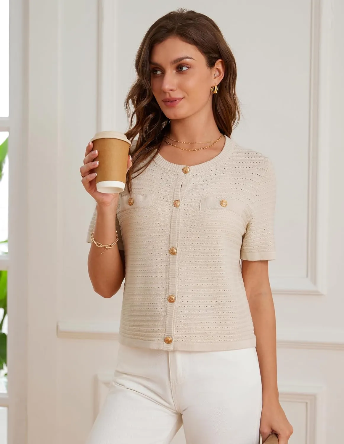 GRACE KARIN Womens Cardigan Sweaters 2025 Summer Open Front Button Down Short Sleeve Textured Knitted Sweater Tops Outfit
