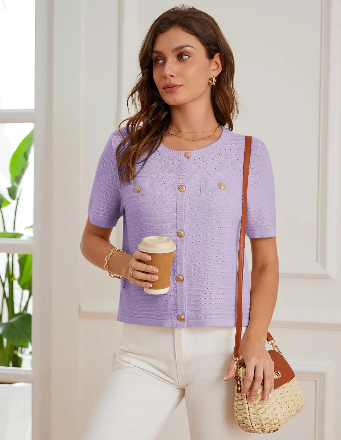 GRACE KARIN Womens Cardigan Sweaters 2025 Summer Open Front Button Down Short Sleeve Textured Knitted Sweater Tops Outfit