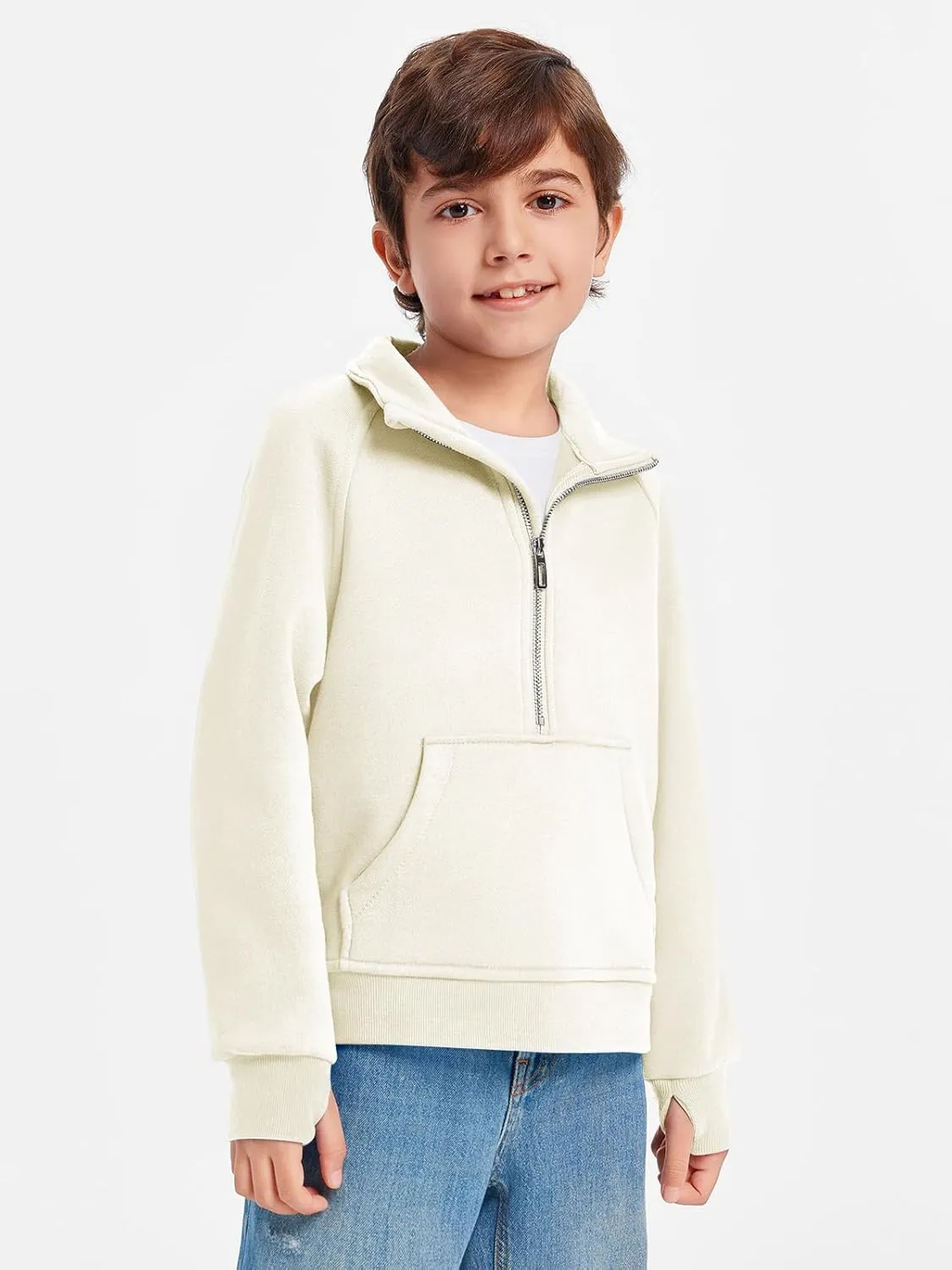 Haloumoning Boys Thumb Hole Sweatshirts Half Zipper Long Sleeve Fleece Pullover with Pockets 5-14 Years