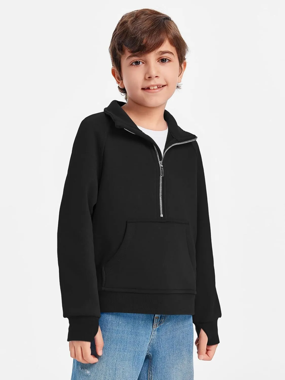Haloumoning Boys Thumb Hole Sweatshirts Half Zipper Long Sleeve Fleece Pullover with Pockets 5-14 Years