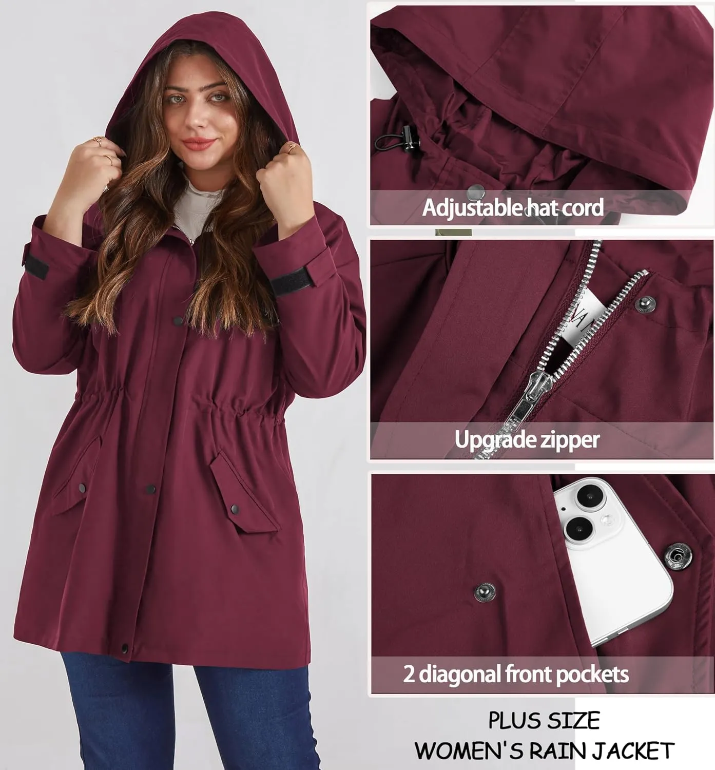Hanna Nikole Women's Plus Size Waterproof Raincoat Lightweight Windbreaker Hooded Jacket with Pockets