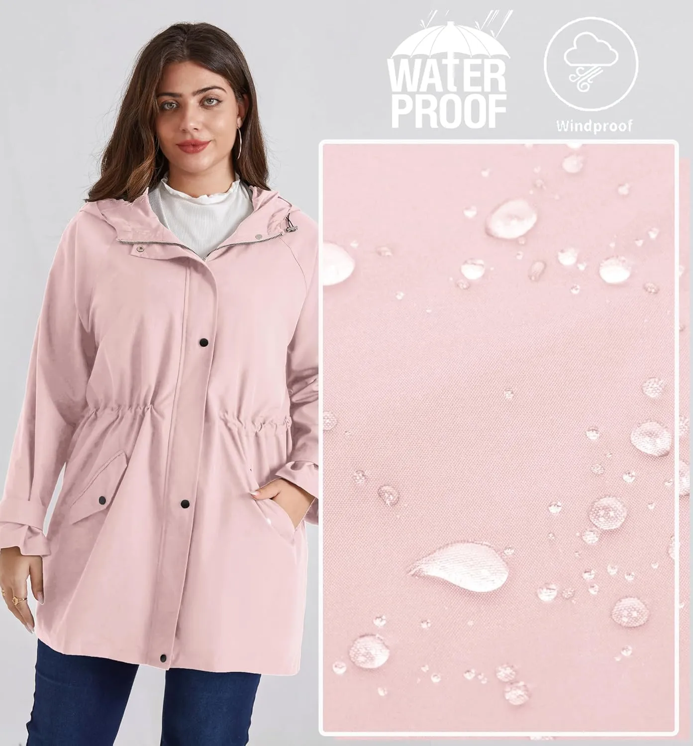 Hanna Nikole Women's Plus Size Waterproof Raincoat Lightweight Windbreaker Hooded Jacket with Pockets