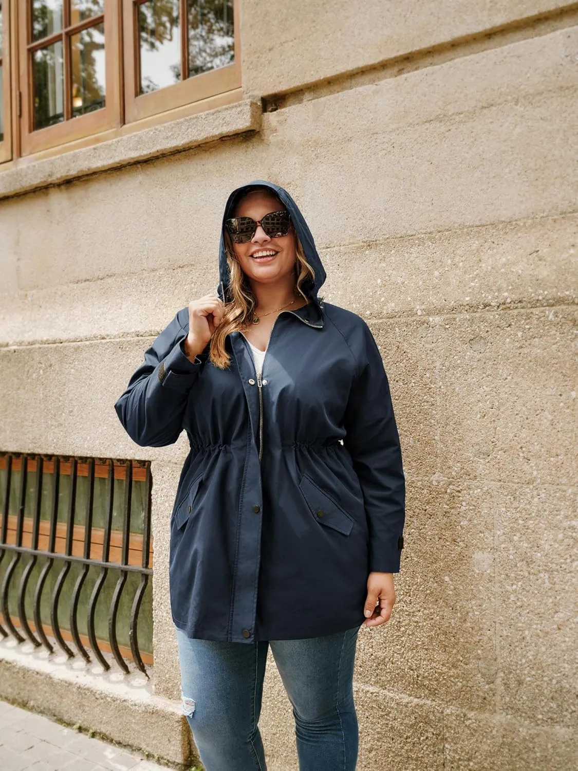 Hanna Nikole Women's Plus Size Waterproof Raincoat Lightweight Windbreaker Hooded Jacket with Pockets