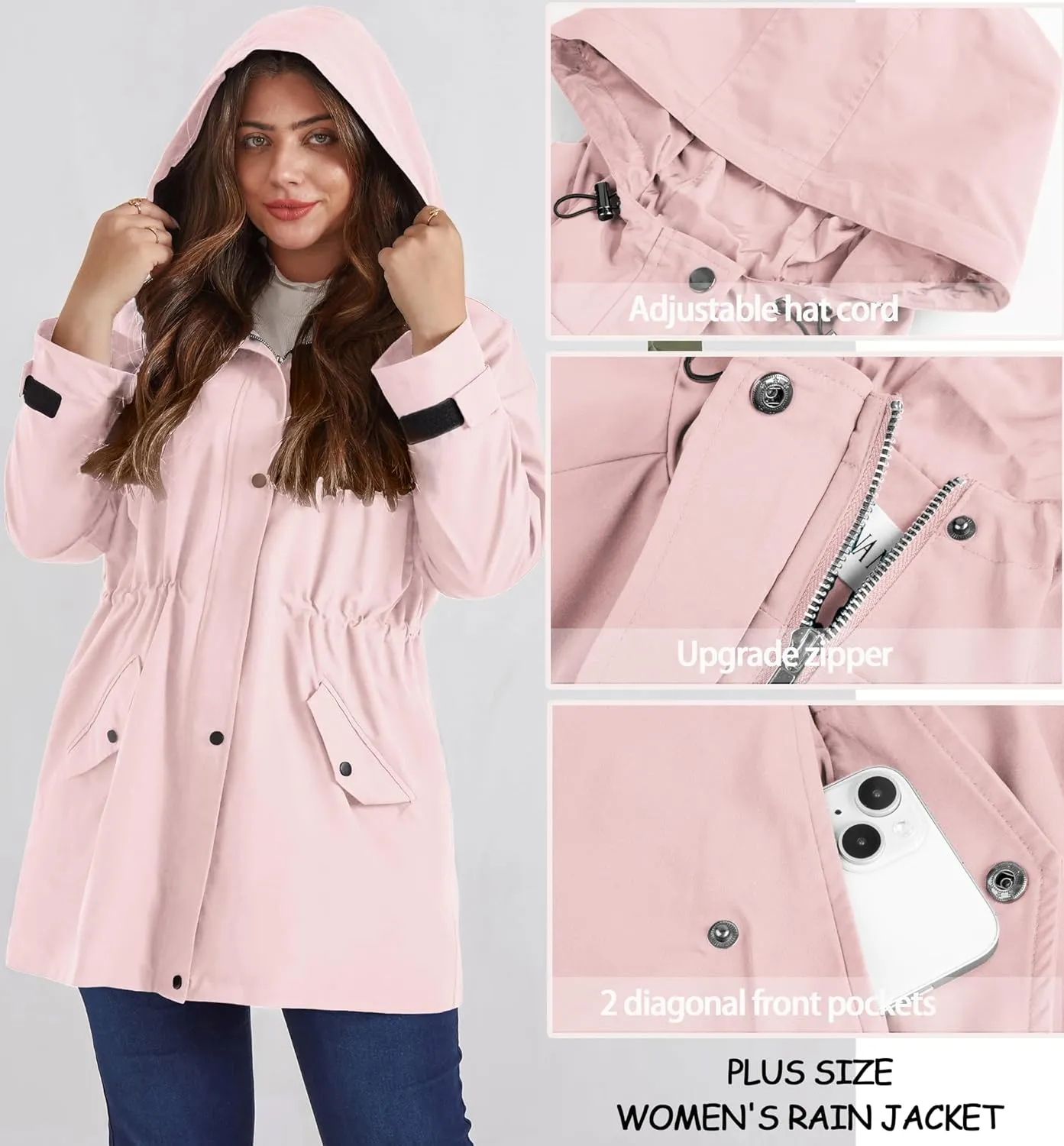Hanna Nikole Women's Plus Size Waterproof Raincoat Lightweight Windbreaker Hooded Jacket with Pockets