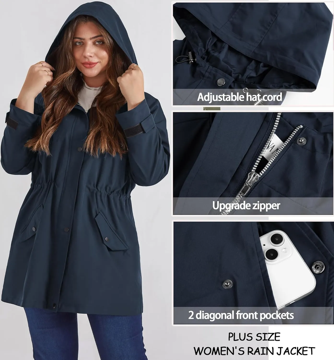 Hanna Nikole Women's Plus Size Waterproof Raincoat Lightweight Windbreaker Hooded Jacket with Pockets