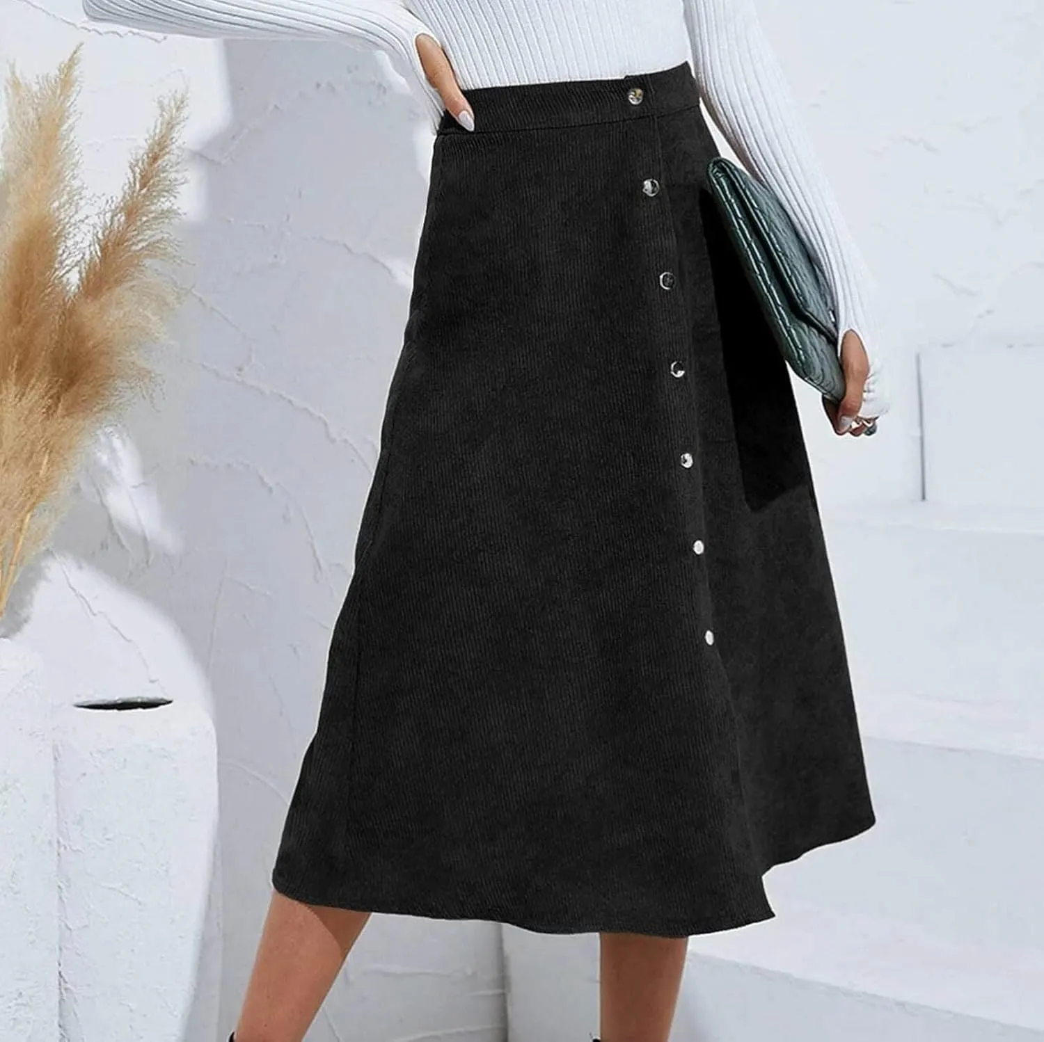 High Waisted Skirts for Women Elegant Cute Skirt Fashion Front Button A Line Skirt Solid Color Slim-Fit Skirts