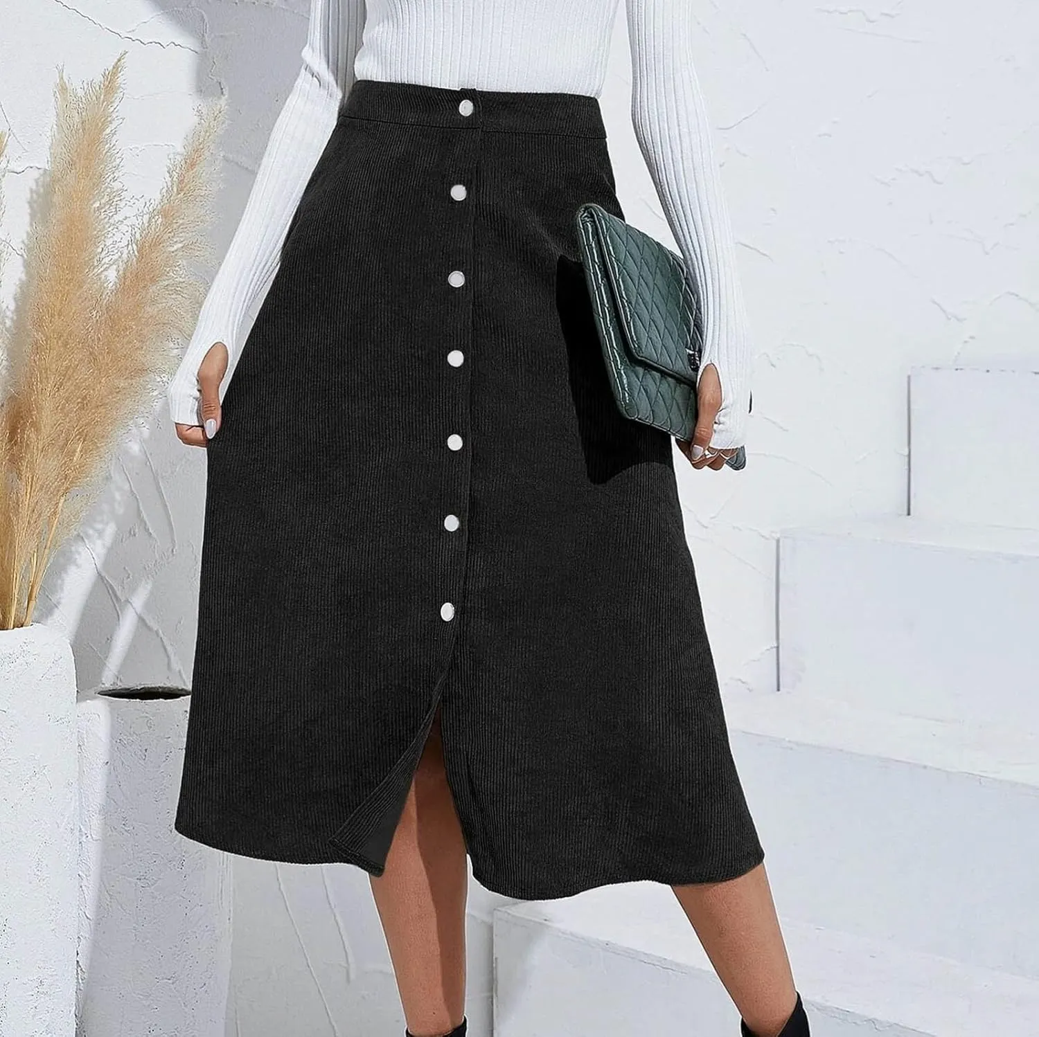 High Waisted Skirts for Women Elegant Cute Skirt Fashion Front Button A Line Skirt Solid Color Slim-Fit Skirts