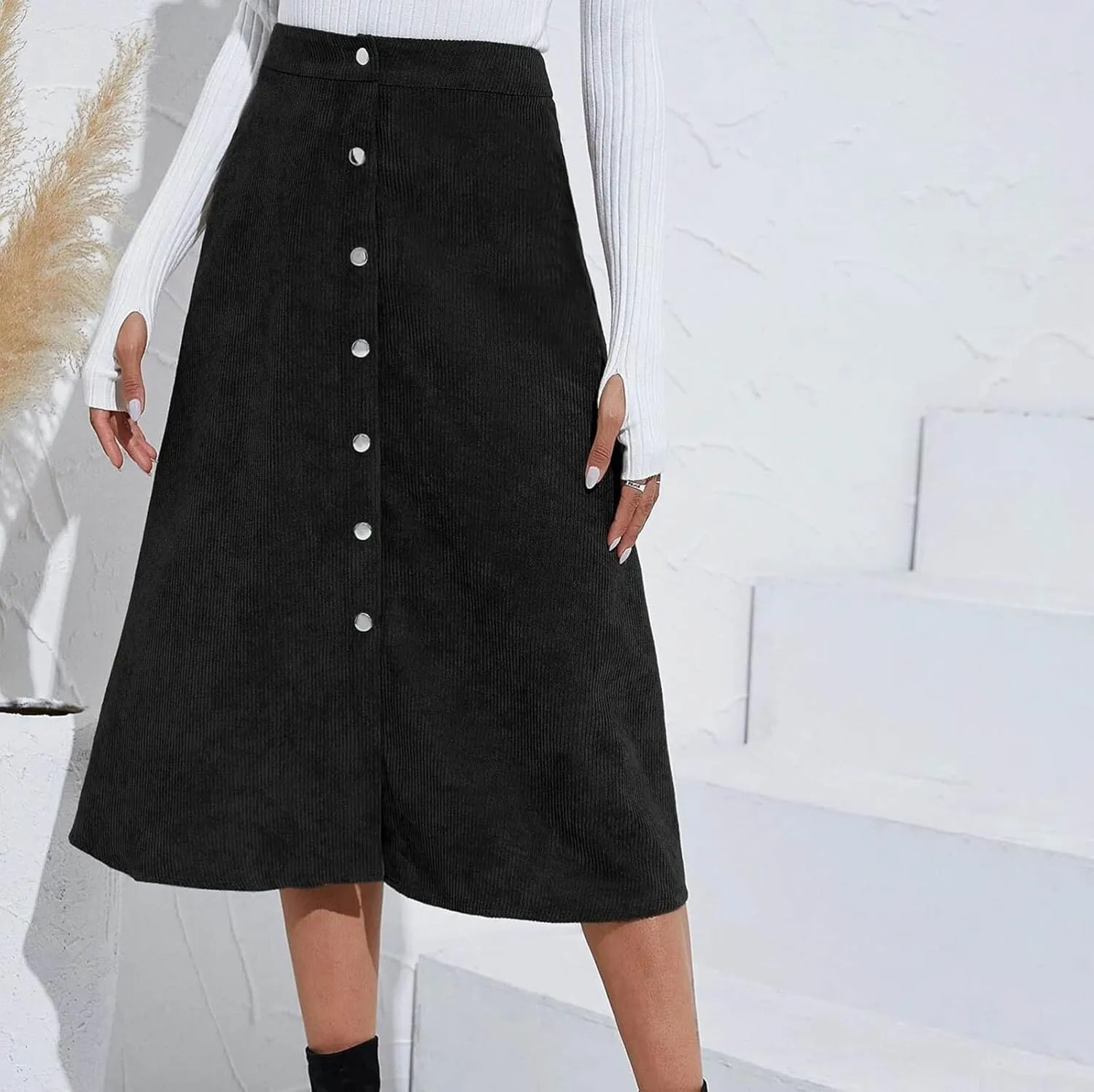 High Waisted Skirts for Women Elegant Cute Skirt Fashion Front Button A Line Skirt Solid Color Slim-Fit Skirts