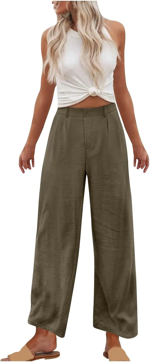 hlysgo Women's Palazzo Pants 2025 Summer Casual Vacation High Waist Wide Leg Beach Trousers Trendy Lounge Pants with Pockets