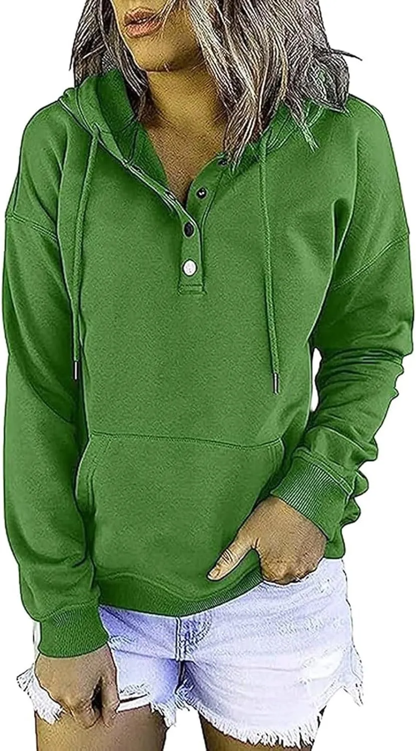 Hoodies For Women Dressy Casual 2024 Solid Basic Button Down Hooded Drawstring Sweatshirt Fall Fashion Pullover Tops