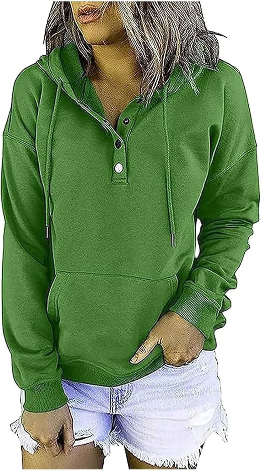 Hoodies For Women Dressy Casual 2024 Solid Basic Button Down Hooded Drawstring Sweatshirt Fall Fashion Pullover Tops