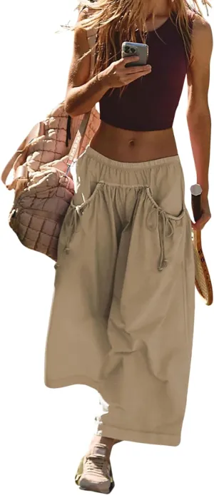 Hooever Women's Loose Wide Leg Track Pants Drawstring Pockets Elastic Waist Capri Hiking Pants