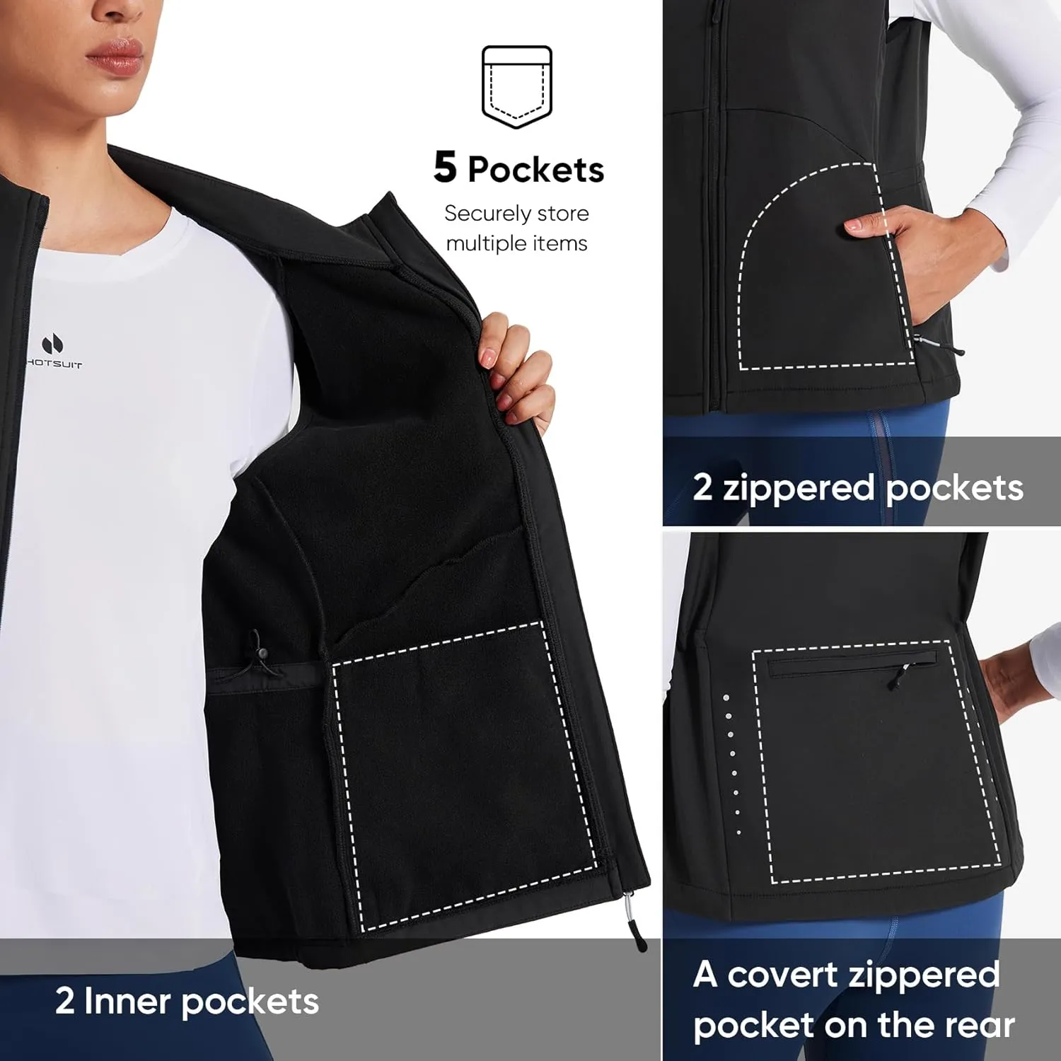HOTSUIT Womens Lightweight Vest with 5 Pockets Windproof Sleeveless Jacket for Hiking Golf Vest, Black, M