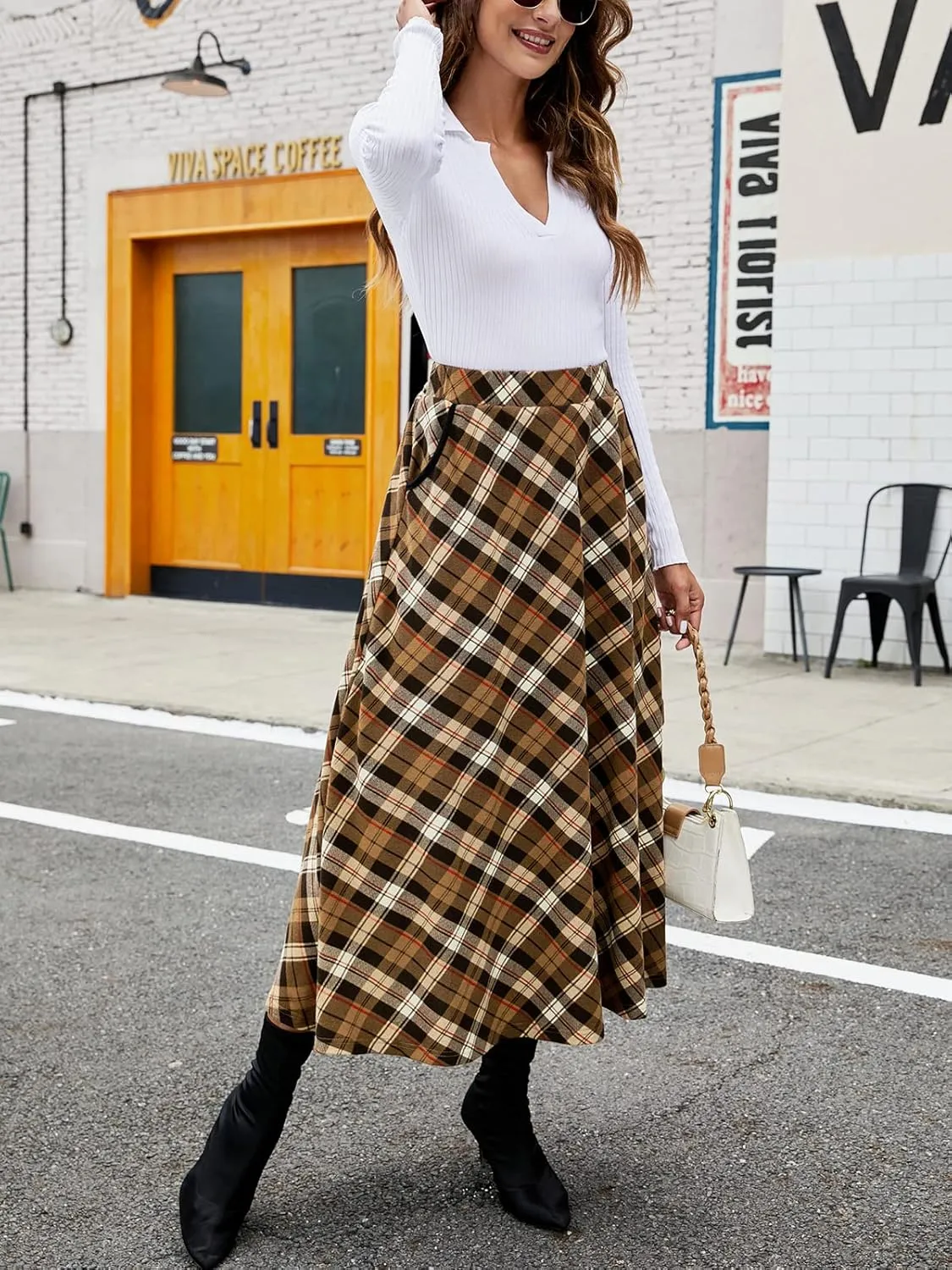 HUSKARY Plaid Skirts for Women 2025 Fall Winter Classic A Line High Elastic Waist Trendy Long Midi Skirt with Pockets