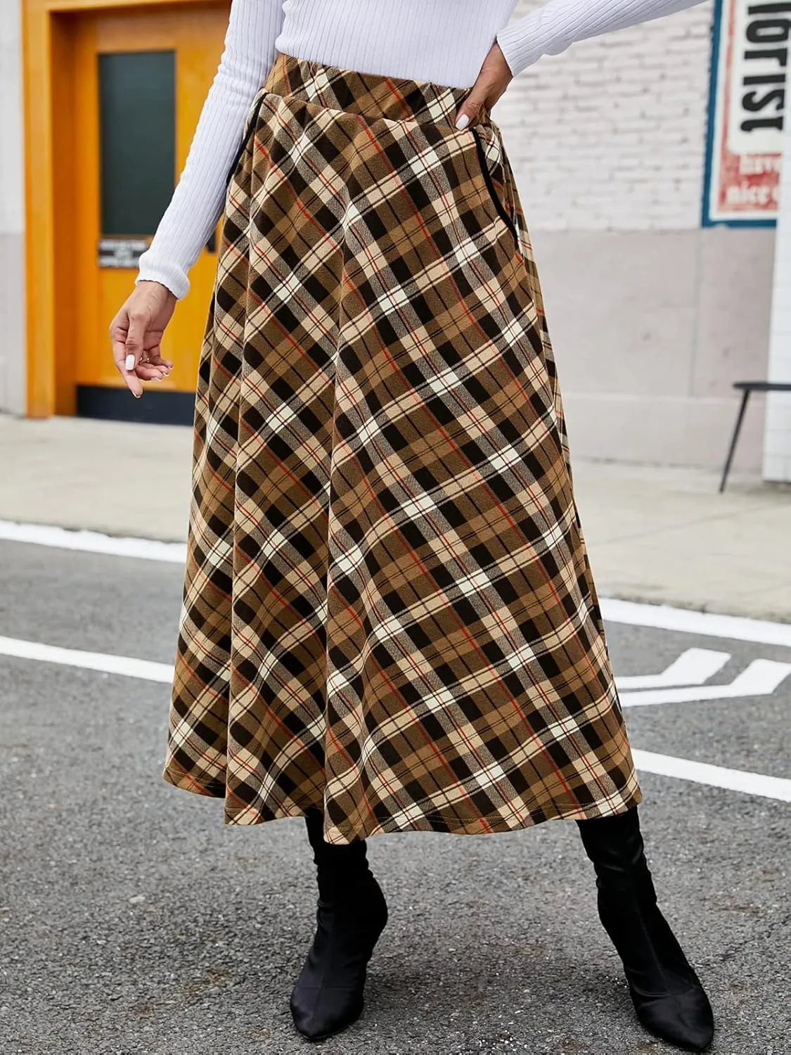 HUSKARY Plaid Skirts for Women 2025 Fall Winter Classic A Line High Elastic Waist Trendy Long Midi Skirt with Pockets