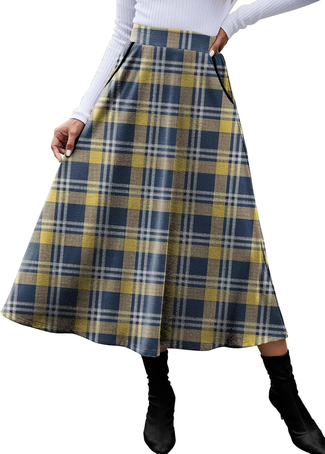 HUSKARY Plaid Skirts for Women 2025 Fall Winter Classic A Line High Elastic Waist Trendy Long Midi Skirt with Pockets