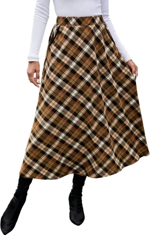 HUSKARY Plaid Skirts for Women 2025 Fall Winter Classic A Line High Elastic Waist Trendy Long Midi Skirt with Pockets