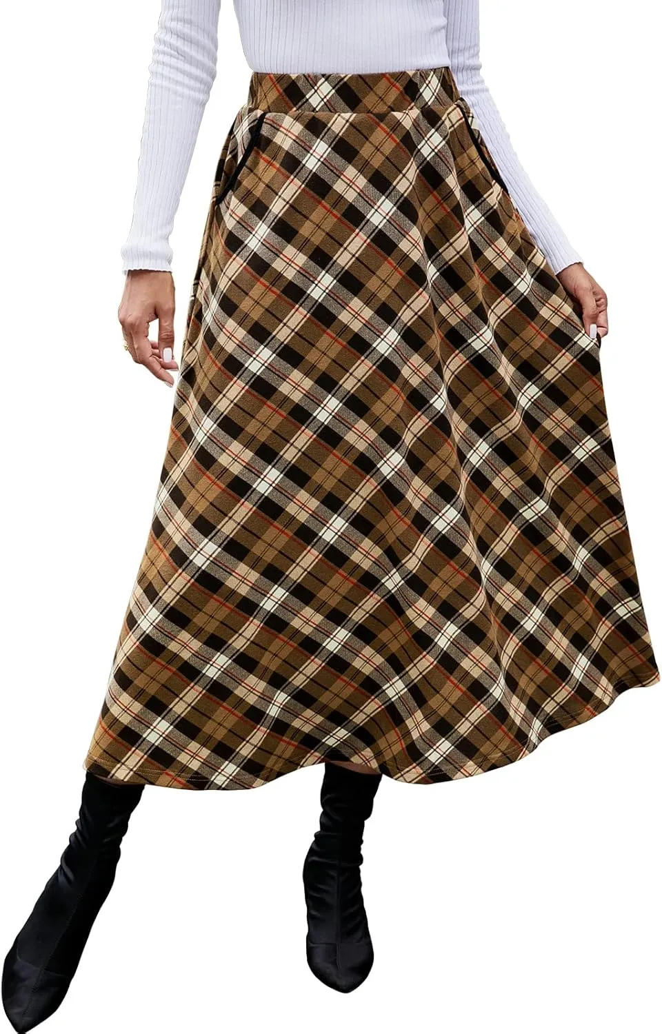 HUSKARY Plaid Skirts for Women 2025 Fall Winter Classic A Line High Elastic Waist Trendy Long Midi Skirt with Pockets