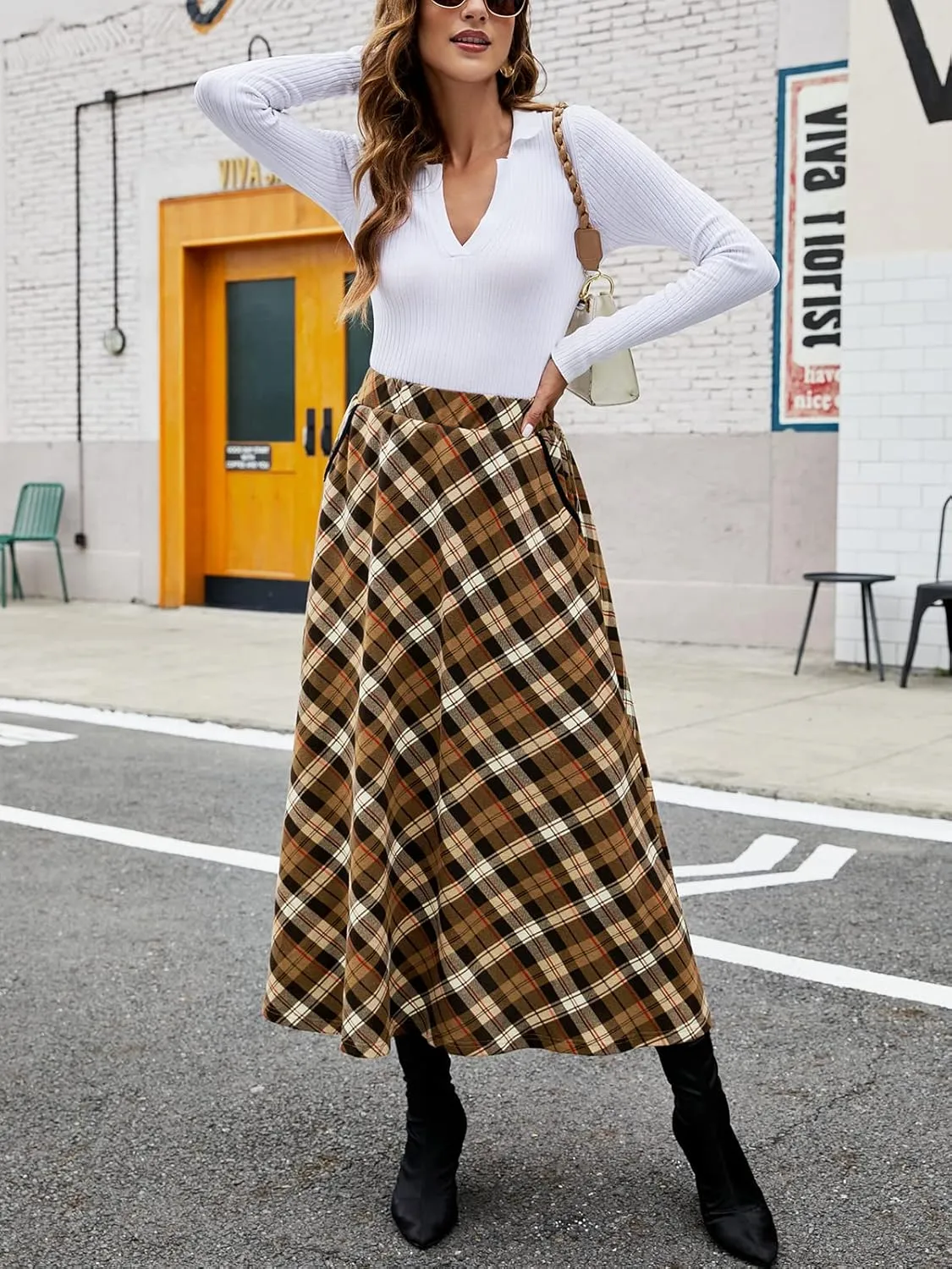 HUSKARY Plaid Skirts for Women 2025 Fall Winter Classic A Line High Elastic Waist Trendy Long Midi Skirt with Pockets
