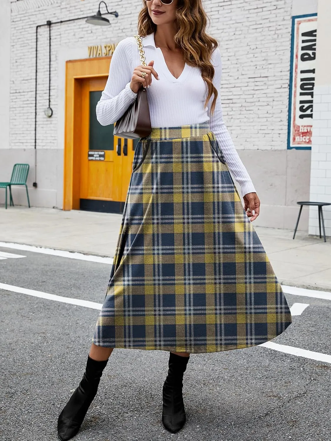 HUSKARY Plaid Skirts for Women 2025 Fall Winter Classic A Line High Elastic Waist Trendy Long Midi Skirt with Pockets