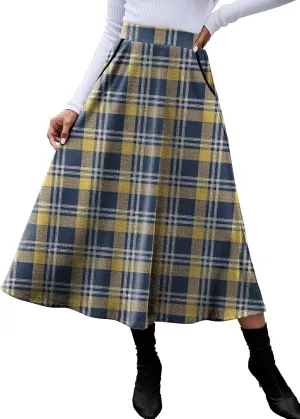 HUSKARY Plaid Skirts for Women 2025 Fall Winter Classic A Line High Elastic Waist Trendy Long Midi Skirt with Pockets