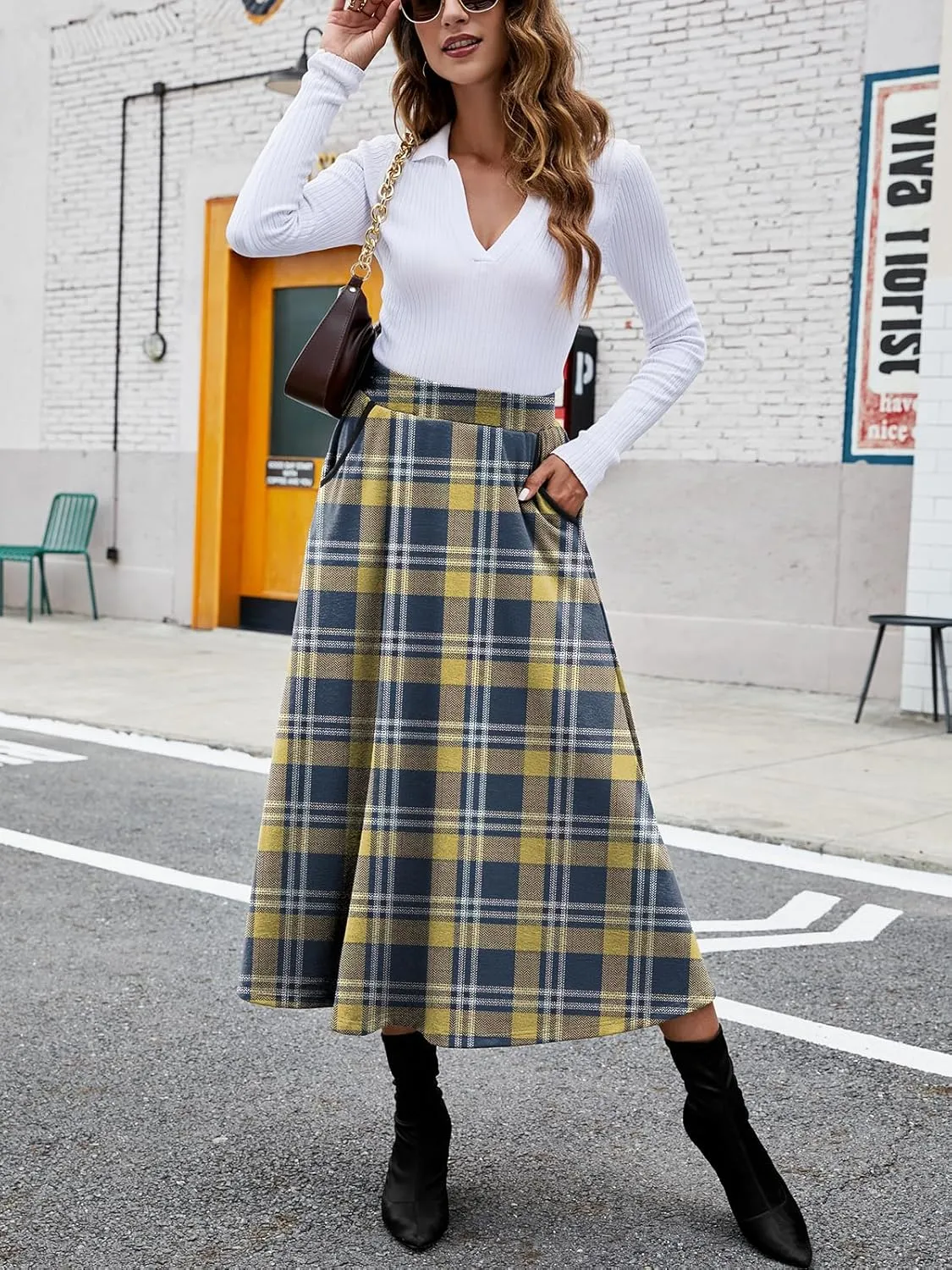HUSKARY Plaid Skirts for Women 2025 Fall Winter Classic A Line High Elastic Waist Trendy Long Midi Skirt with Pockets