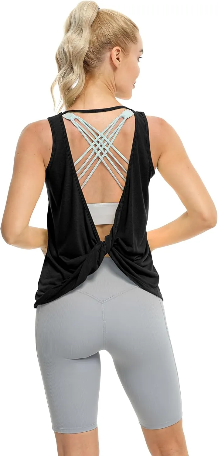 icyzone Women's Open Back High Neck Workout Athletic Gym Tank Tops