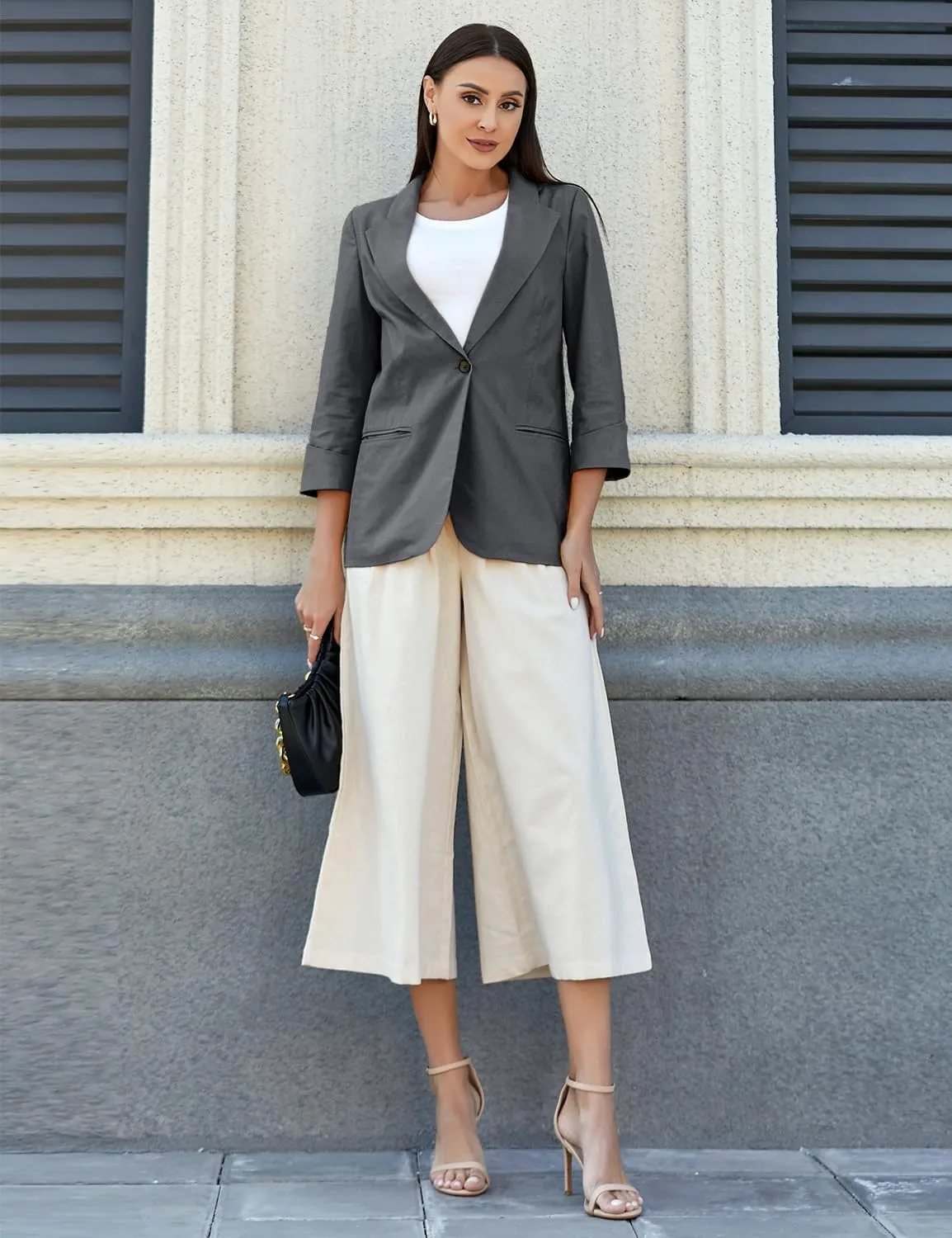 IDEALSANXUN Linen Blazer Women 3/4 Sleeve Lightweight Spring Summer Blazer Jackets
