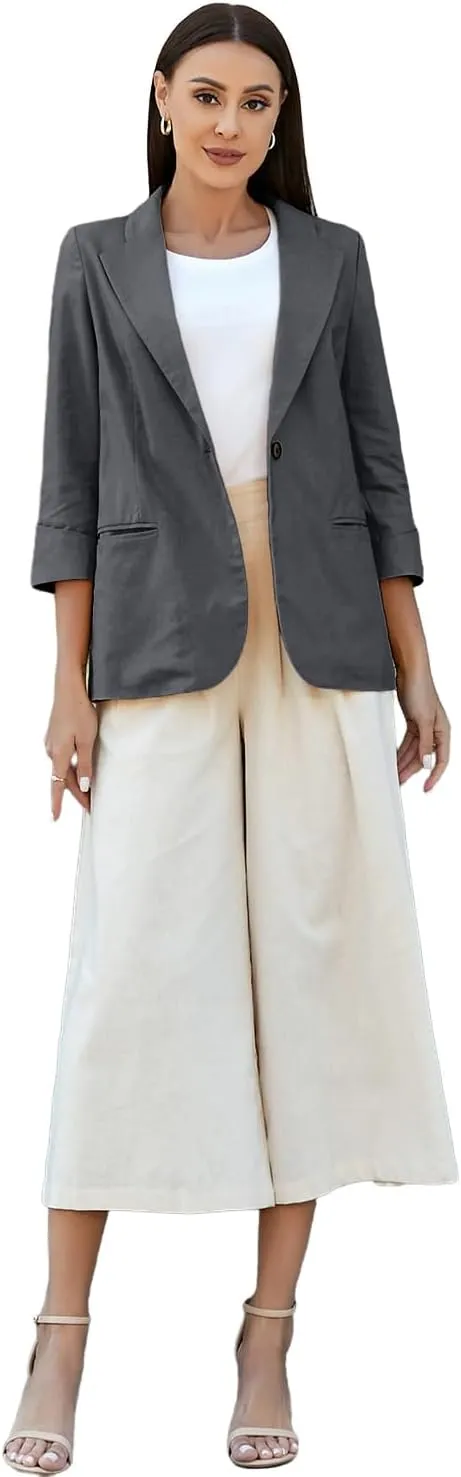 IDEALSANXUN Linen Blazer Women 3/4 Sleeve Lightweight Spring Summer Blazer Jackets