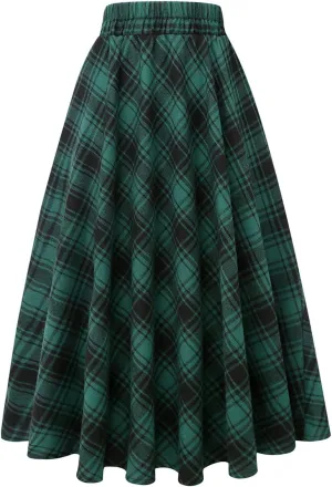 IDEALSANXUN Womens Plaid Skirt Elastic Waist A-line Midi Pleated Skirts