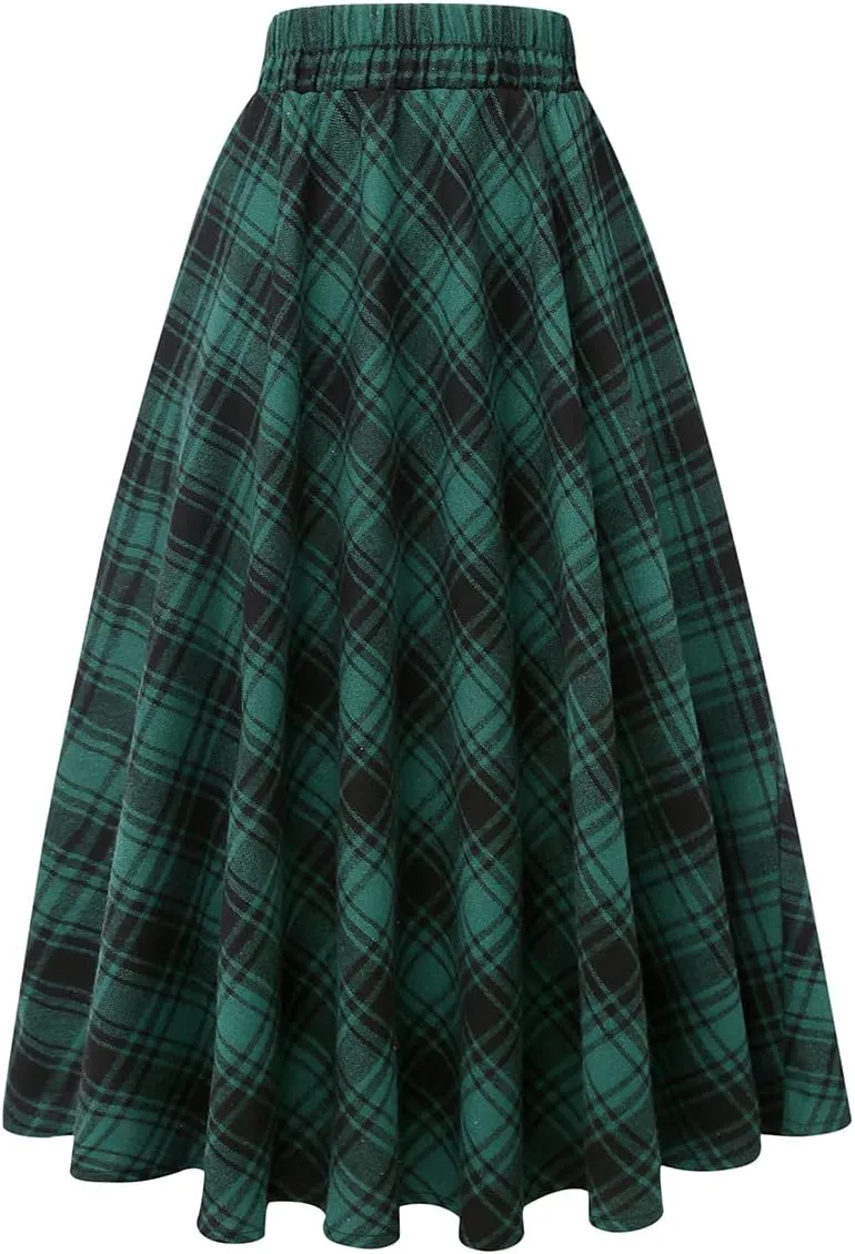 IDEALSANXUN Womens Plaid Skirt Elastic Waist A-line Midi Pleated Skirts