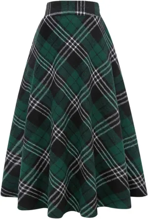 IDEALSANXUN Womens Plaid Wool Skirts Elastic Waist A-Line Pleated Tartan Long Skirts