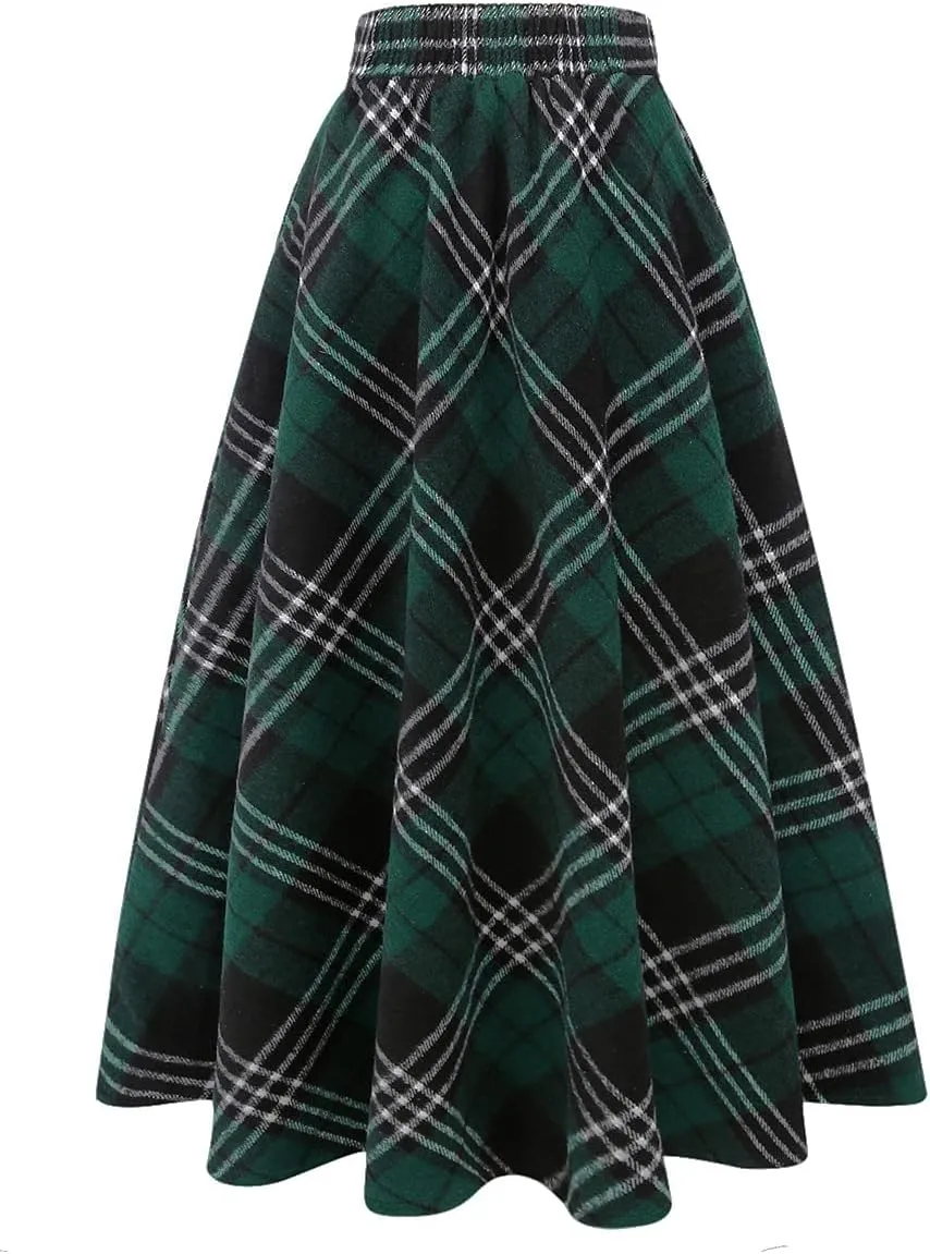 IDEALSANXUN Womens Plaid Wool Skirts Elastic Waist A-Line Pleated Tartan Long Skirts