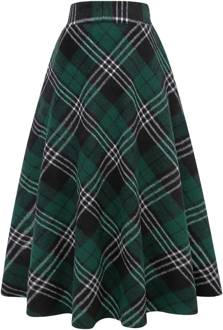 IDEALSANXUN Womens Plaid Wool Skirts Elastic Waist A-Line Pleated Tartan Long Skirts