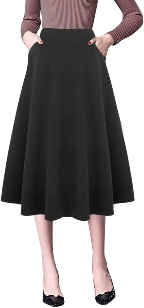 IDEALSANXUN Wool Skirts for Womens High Waist Aline Pleated Midi Skirts