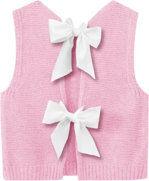 Imily Bela Womens Sweater Vest Top Summer Bow Tie Back Sleeveless Casual Knit Crop Tank Tops