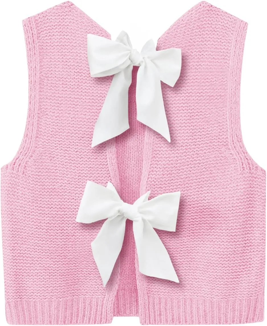 Imily Bela Womens Sweater Vest Top Summer Bow Tie Back Sleeveless Casual Knit Crop Tank Tops