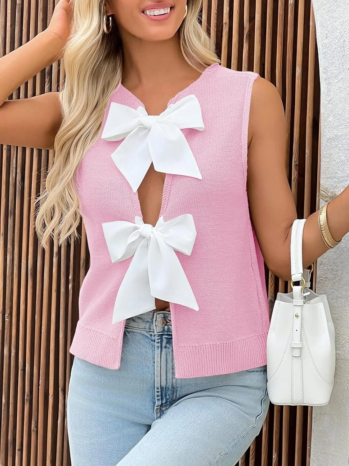 Imily Bela Womens Sweater Vest Top Summer Bow Tie Back Sleeveless Casual Knit Crop Tank Tops