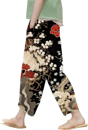 Japanese Wige Leg Pants for Women Artist Linen Pants Womens Pants Summer Baggy Cropped Trouser with