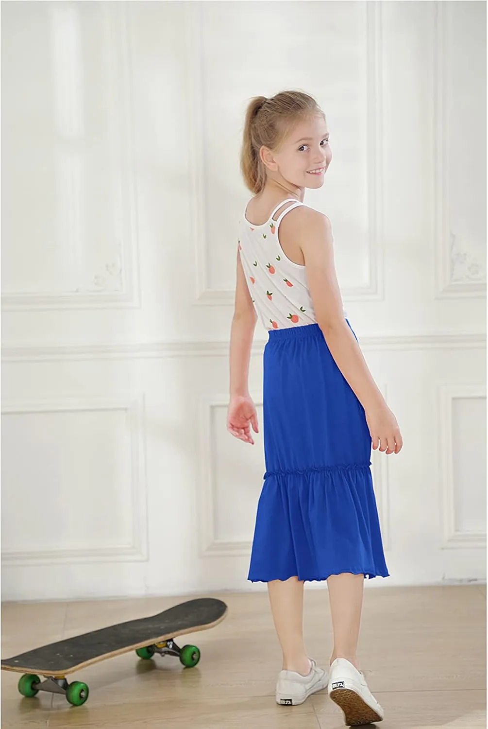 KIDNATION Girls Cotton Maxi Skirts Casual Ruffles Skirt with Pockets Soft Elastic Waist Skirt for Tutu Dance Sport 4-12 Years