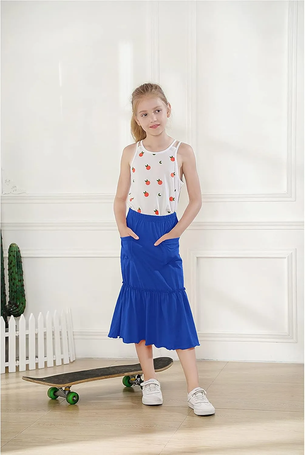 KIDNATION Girls Cotton Maxi Skirts Casual Ruffles Skirt with Pockets Soft Elastic Waist Skirt for Tutu Dance Sport 4-12 Years