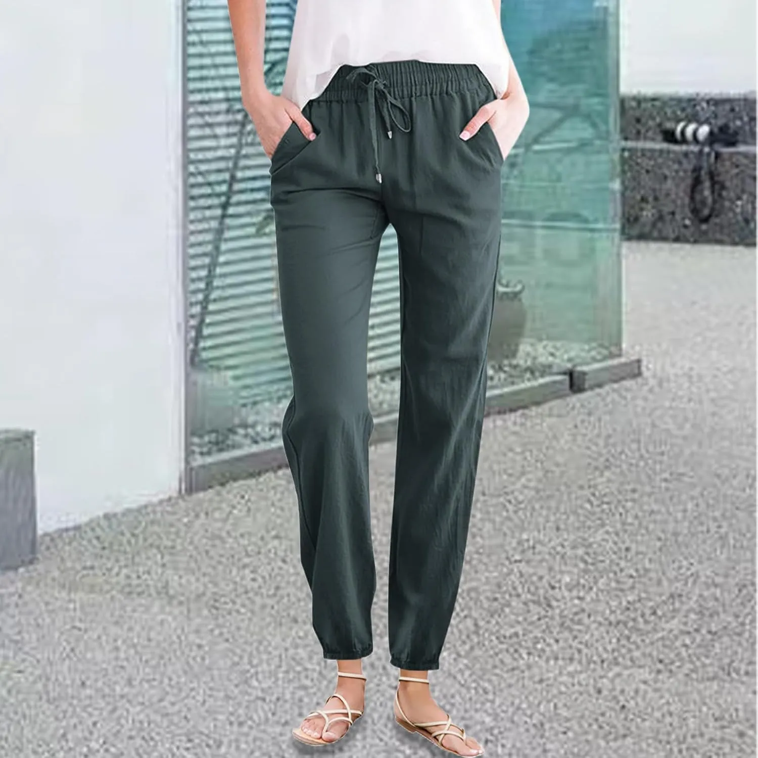 Kubbon Womens Cotton Linen Pants Casual Straight Leg Drawstring Elastic High Waist Trousers Comfy Harem Pants with Pockets