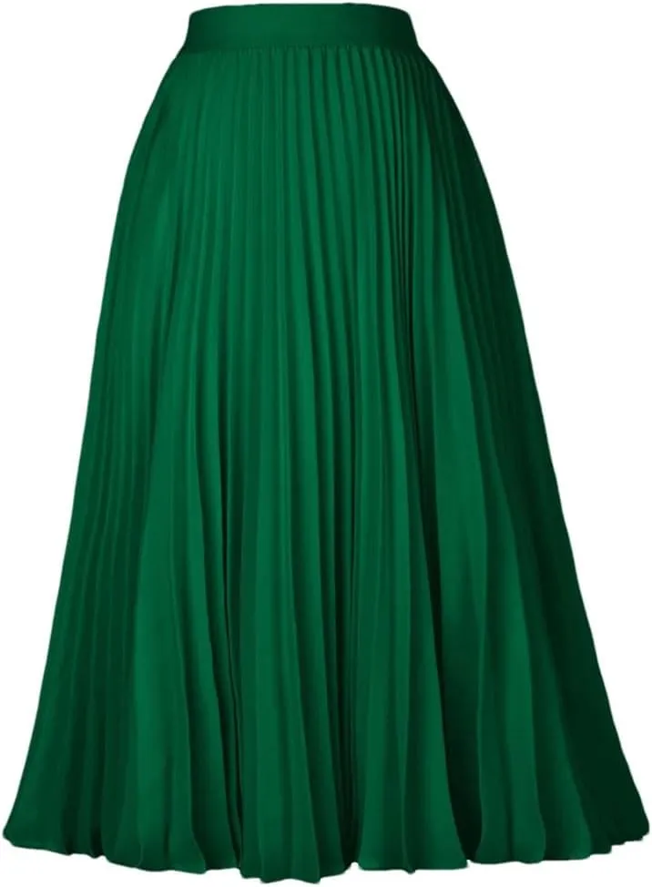 Ladies Pleated Skirts, Elastic Waist, Solid-Color, High Waist, Lined Retro Skirts