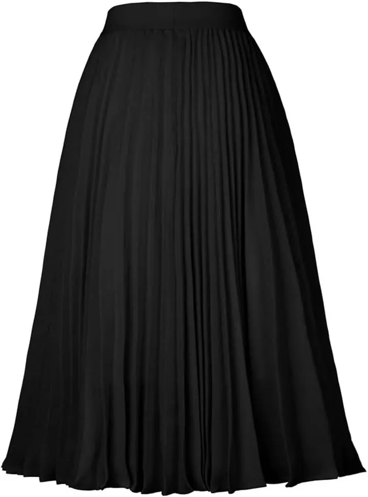 Ladies Pleated Skirts, Elastic Waist, Solid-Color, High Waist, Lined Retro Skirts