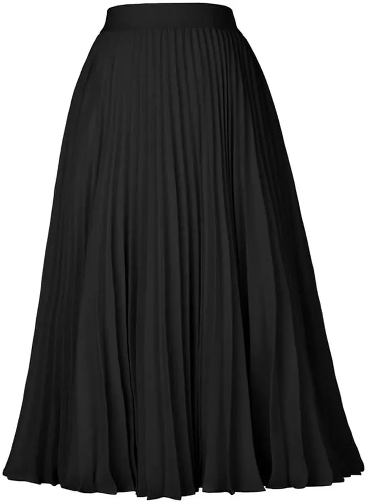 Ladies Pleated Skirts, Elastic Waist, Solid-Color, High Waist, Lined Retro Skirts